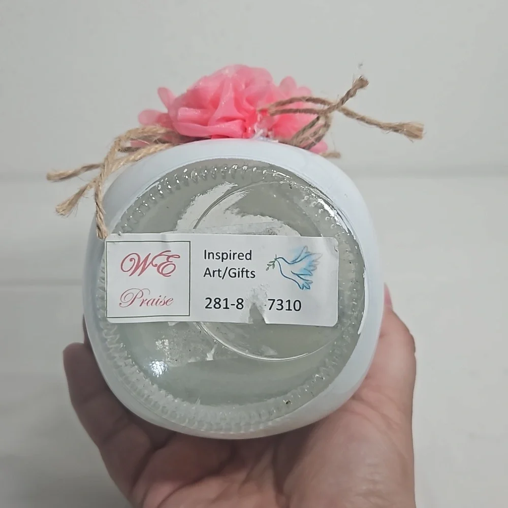 handmade white mason jar with floral blue ribbon and pink flower cross
